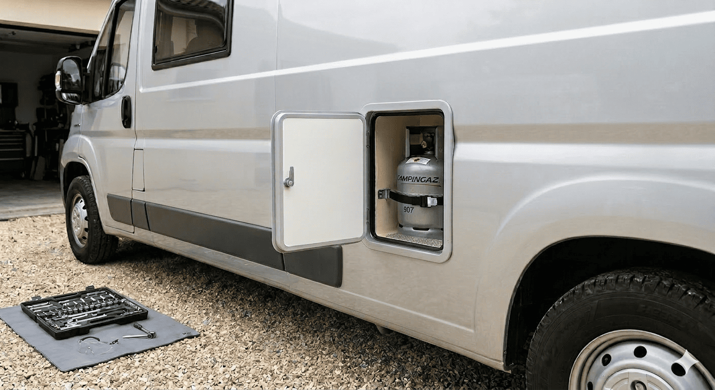Fourgon aménagé avec coffre à gaz ouvert montrant l'emplacement de l'aération basse pour la norme EN 1949 et l'homologation VASP.