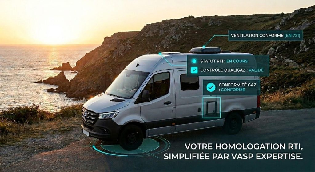 Fourgon aménagé Mercedes Sprinter sur la côte avec indication de conformité technique pour sécuriser l'homologation VASP et le dossier RTI